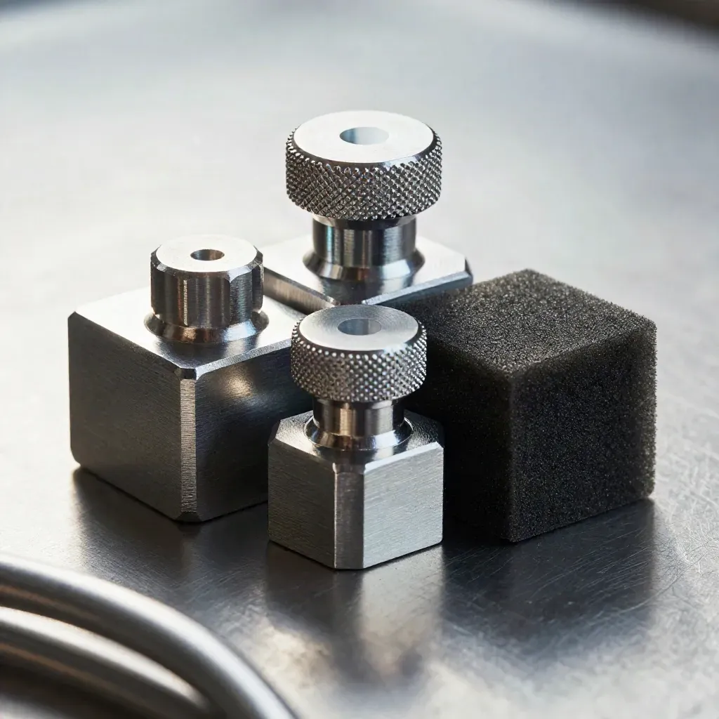 Aluminum prototype parts and a knurled knob on brushed metal with teal reflections.