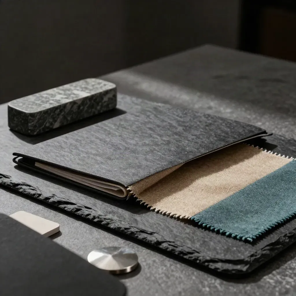 Charcoal folder, stone paperweight and fabric swatch on slate under dramatic studio light.