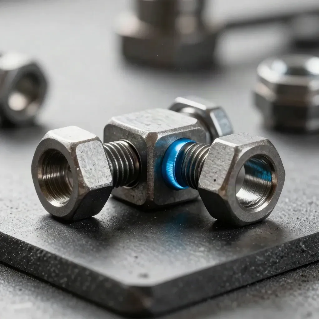 Macro of steel bolt heads, machined bracket, and a sky-blue spacer on graphite.