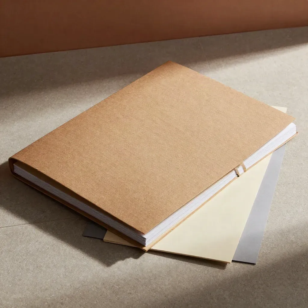 Open kraft brief folder with blank sheets and tab dividers on brushed stone, lit dramatically.