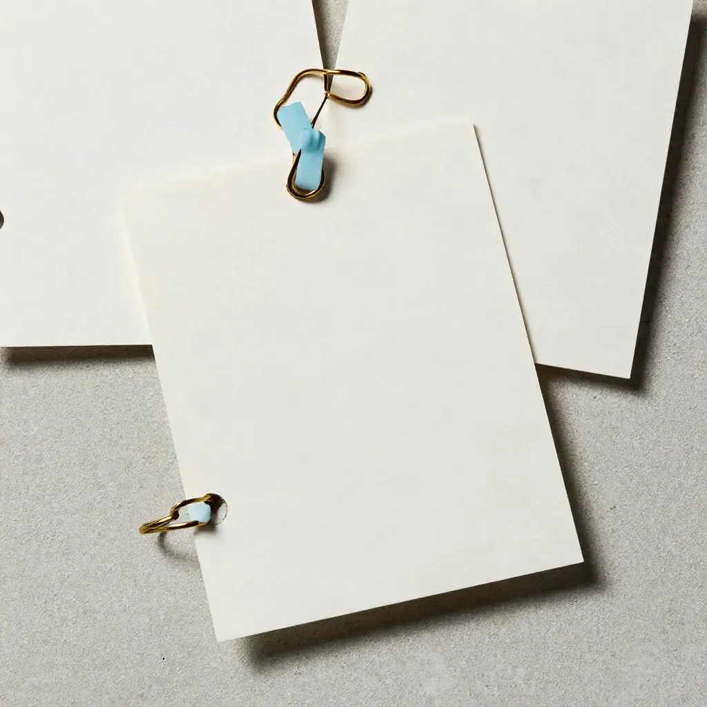Overhead macro of blank index cards, brass rings, and sky-blue tabs on pale concrete.