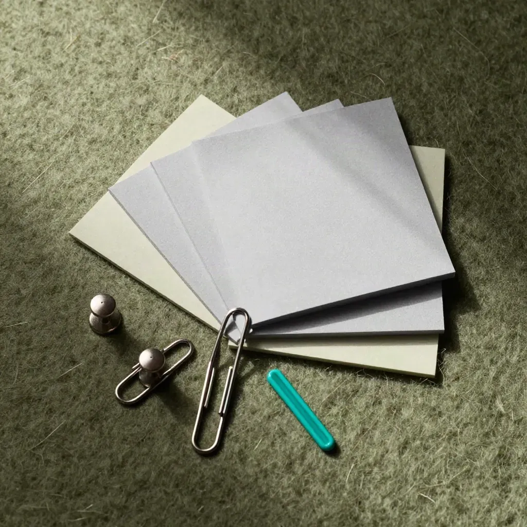 Pale gray sticky notes, clips and tacks on dusty olive felt board