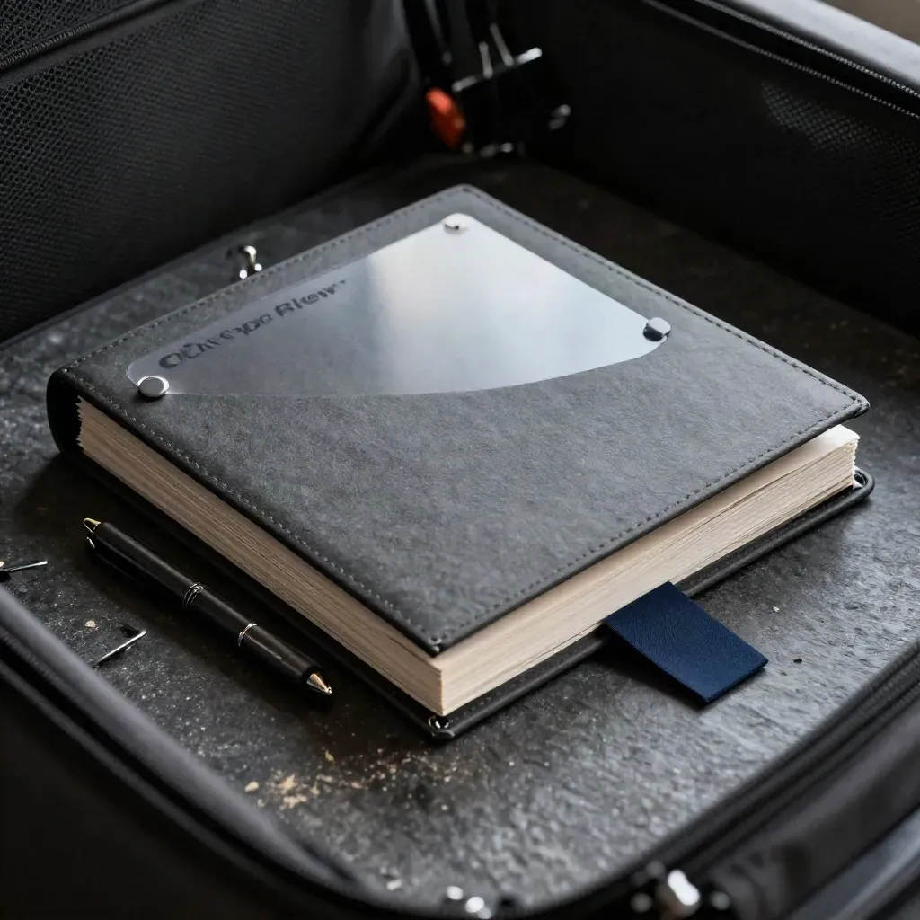 Charcoal review kit with acetate sleeves and binder clips peeking through dark mesh on stone