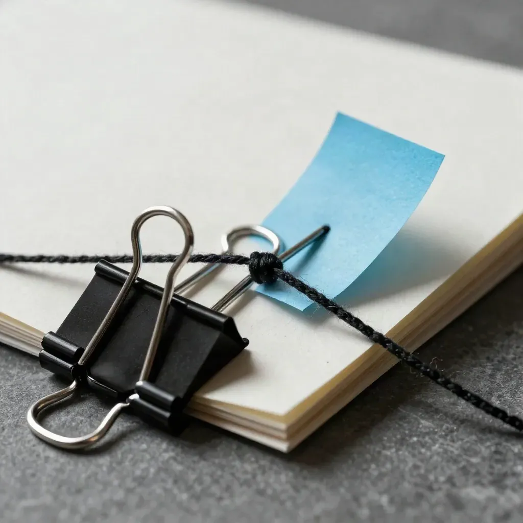 Macro of black thread, binder clips and sky-blue note flags on textured paper.