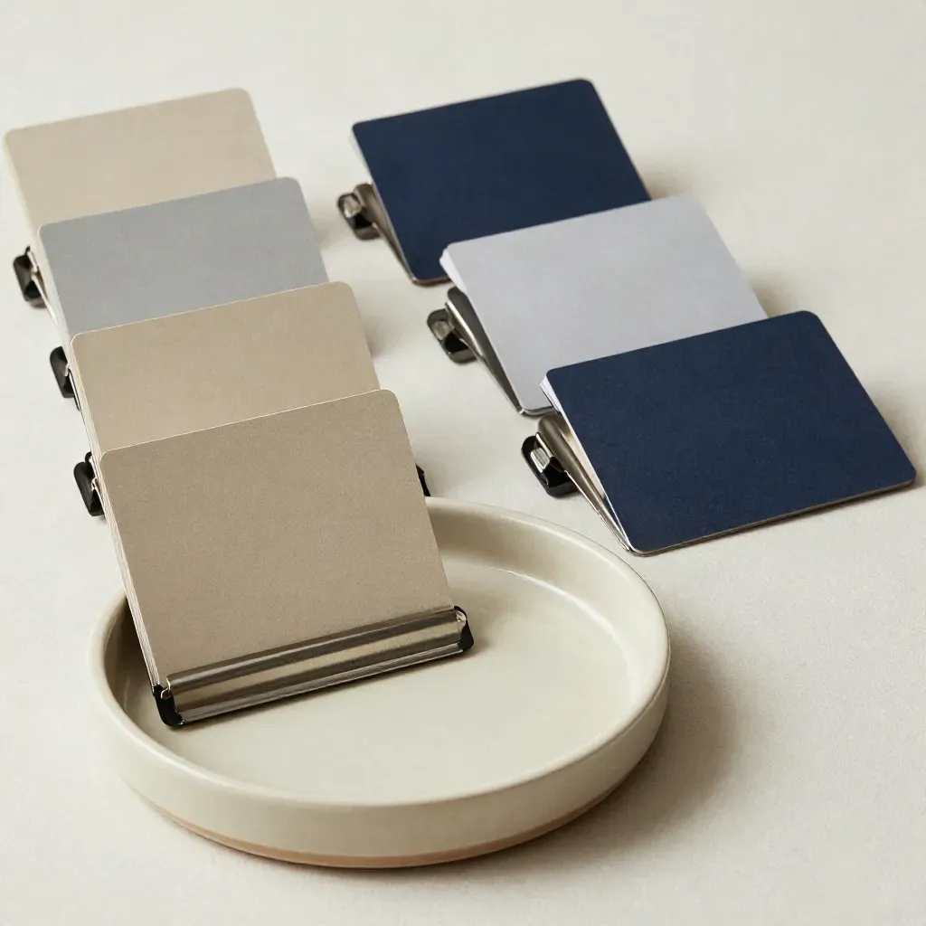 Ceramic task trays, steel clips and blank sleeves on pale plaster, shot overhead with soft daylight.