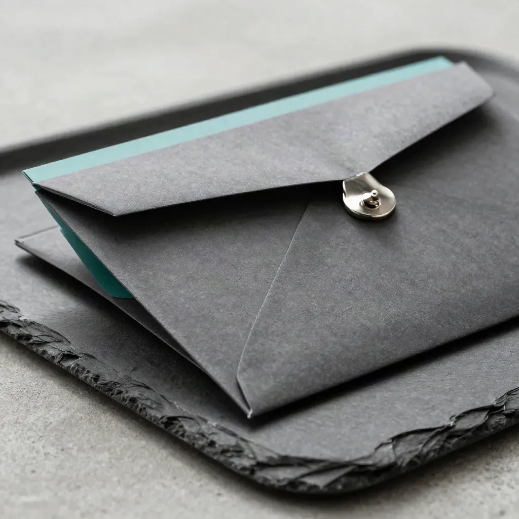 Macro still life of a folder sliding into a handoff envelope on a slate tray.