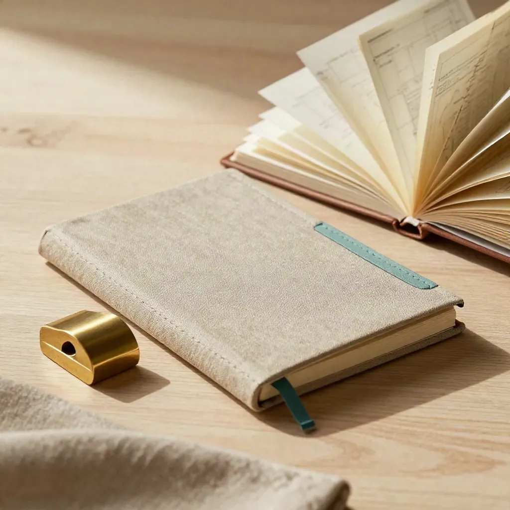 Consultant workshop kit with linen notebook, brass weight, tab markers, and folded planning sheets