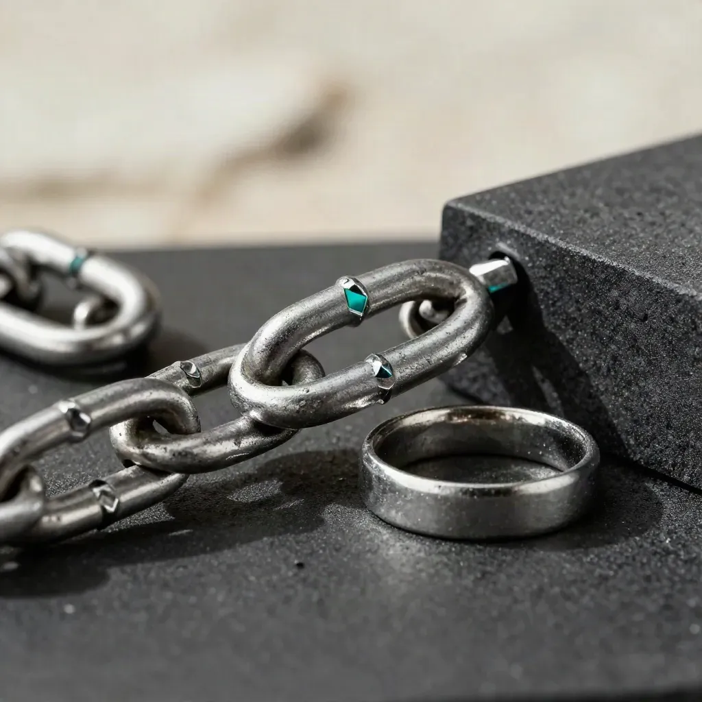 Macro metal links and rings on matte black surface with subtle teal accent