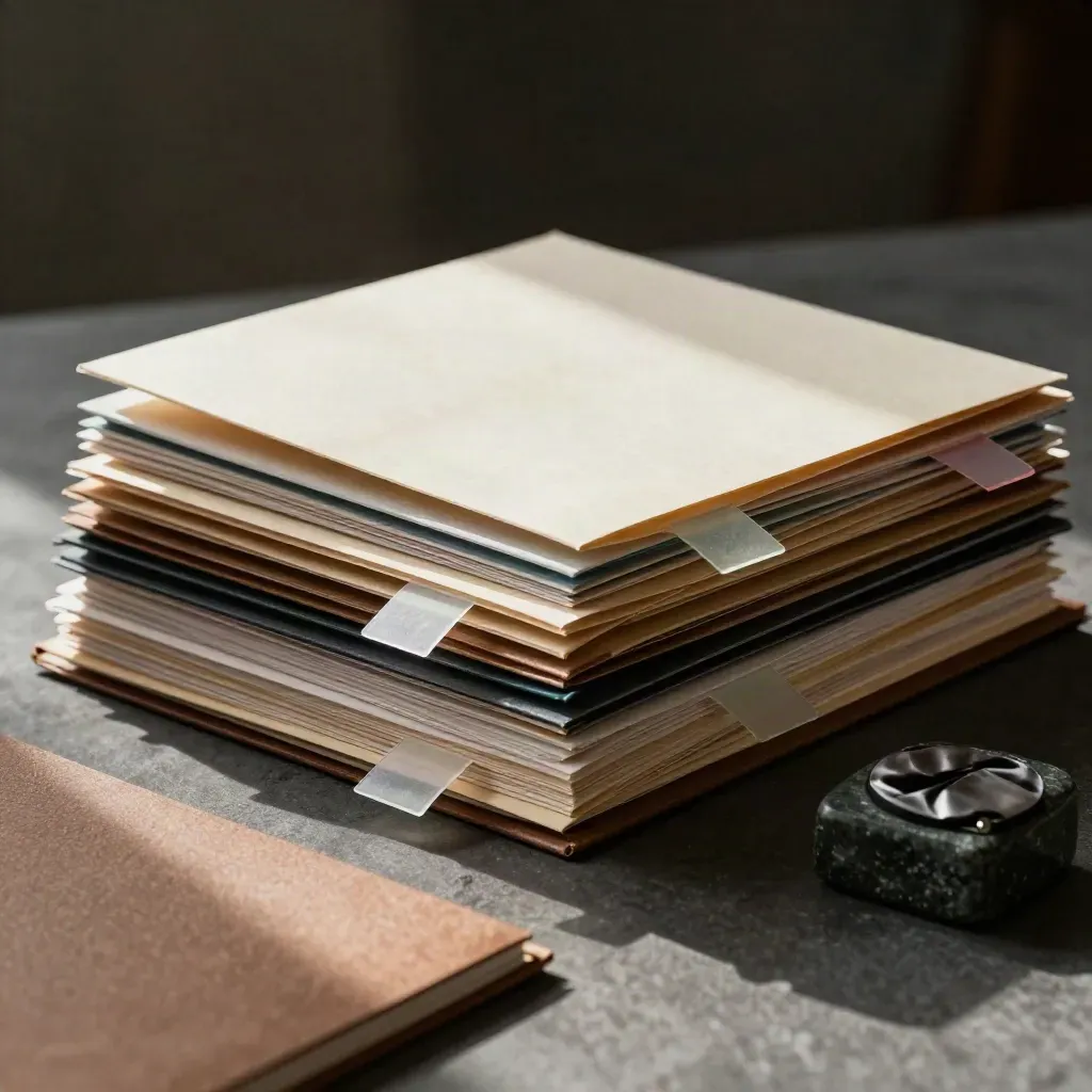 Review bundle of concept cards, paper folders, teal flags and a stone paperweight on charcoal.