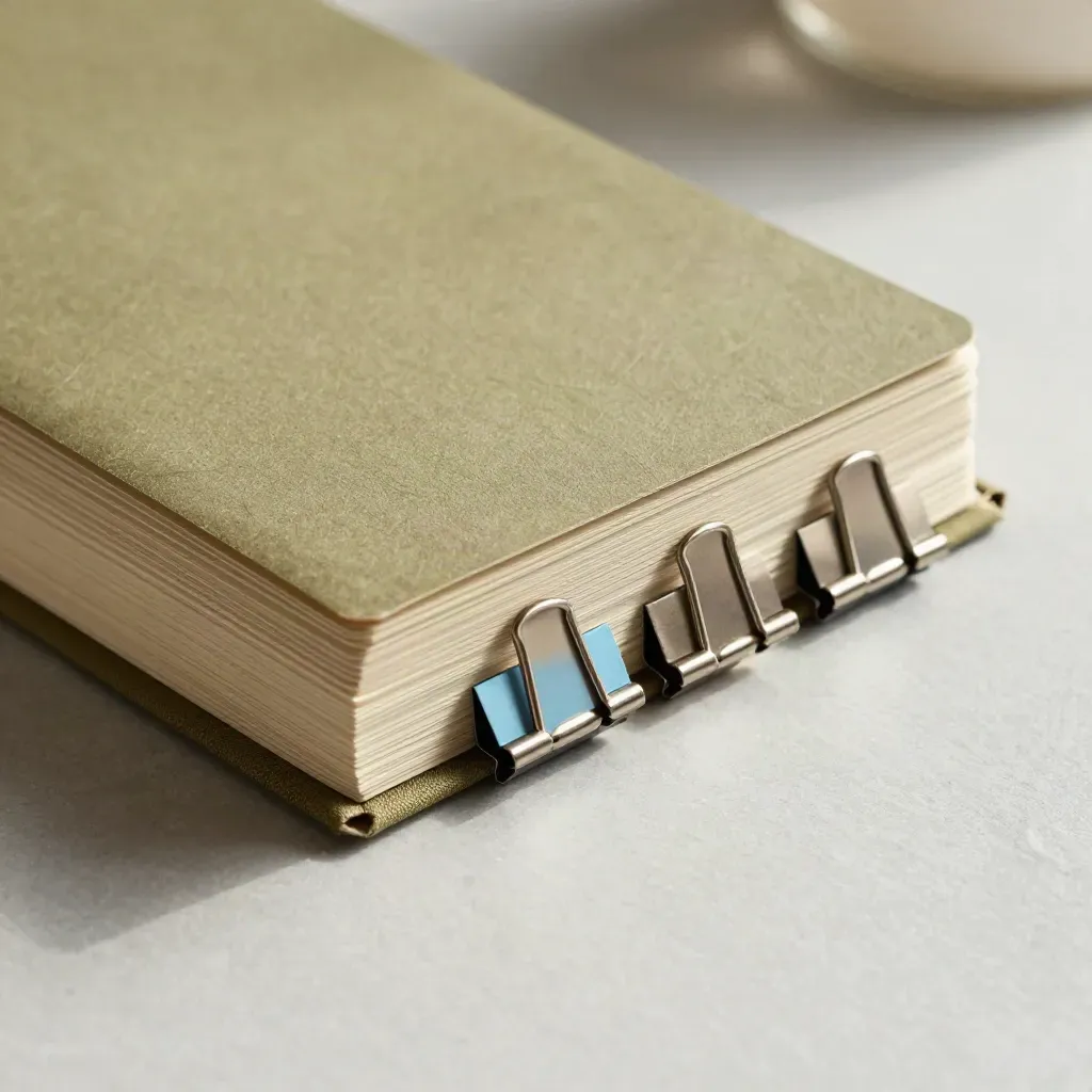 Overhead macro of a project notebook, issue cards and metal clips on pale slate with sky-blue accents