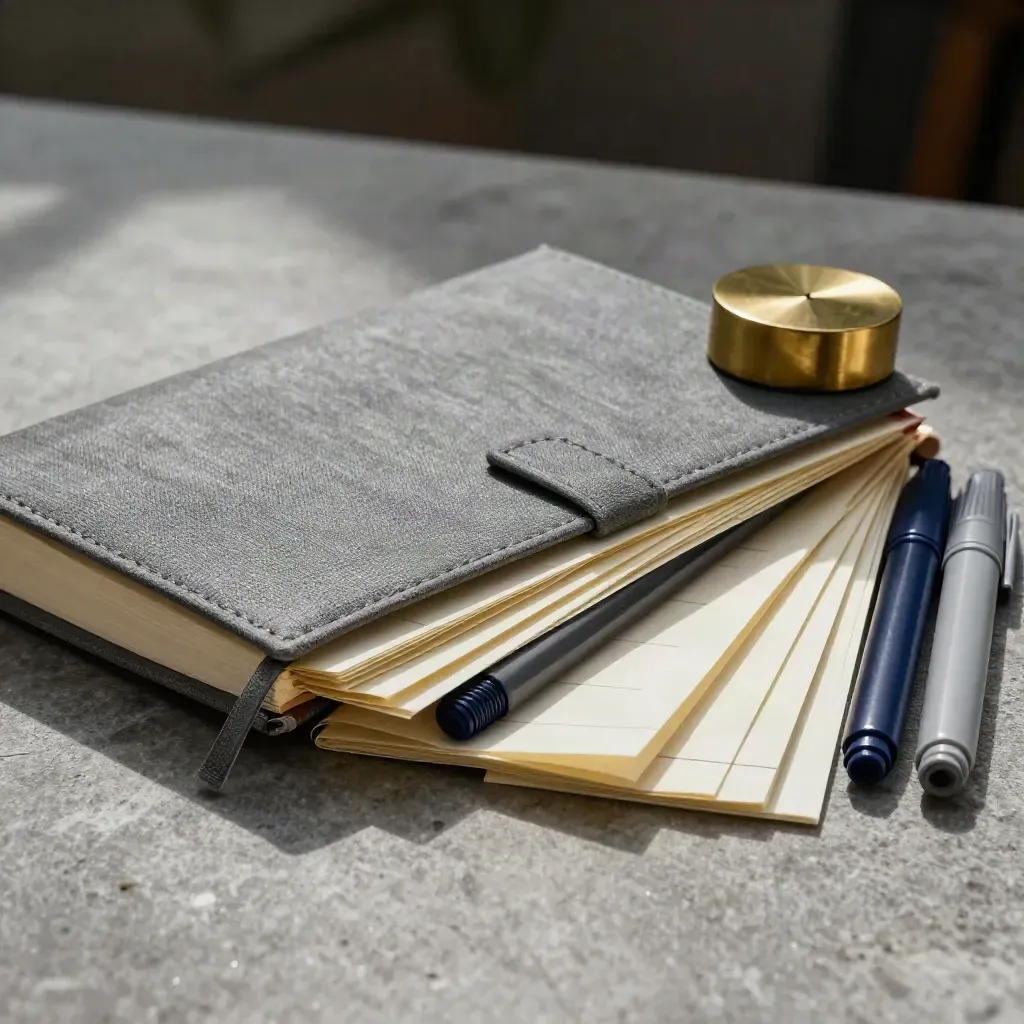 Gray notebook, tab markers, brass paperweight, and planning sheets on stone in dramatic light