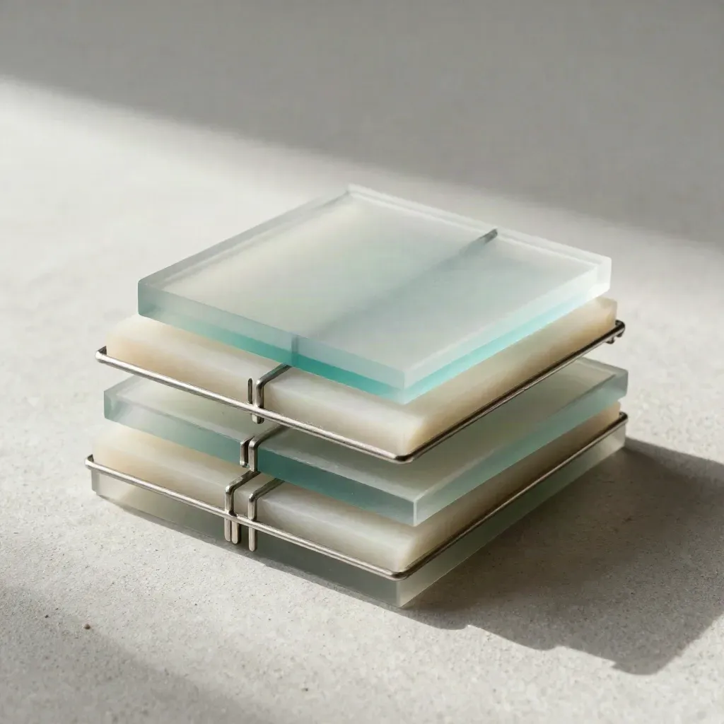 Premium flat lay of acrylic blocks, metal spacers and resin tile with a teal glint on brushed plaster.