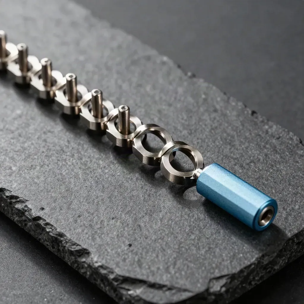 Precision connectors, steel pins, and nested rings on dark stone with a sky-blue accent and graphite dust