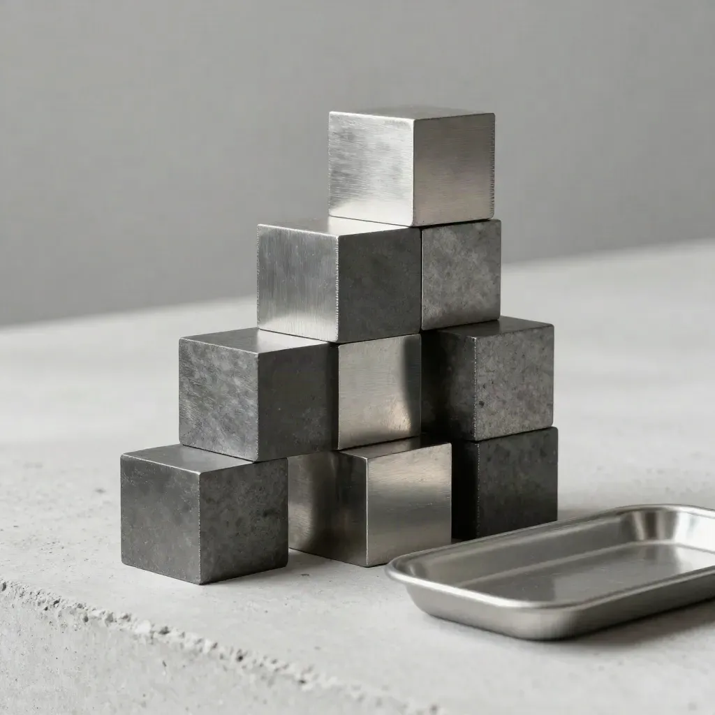 Modular cubes and metal blocks stack on pale concrete under dramatic light