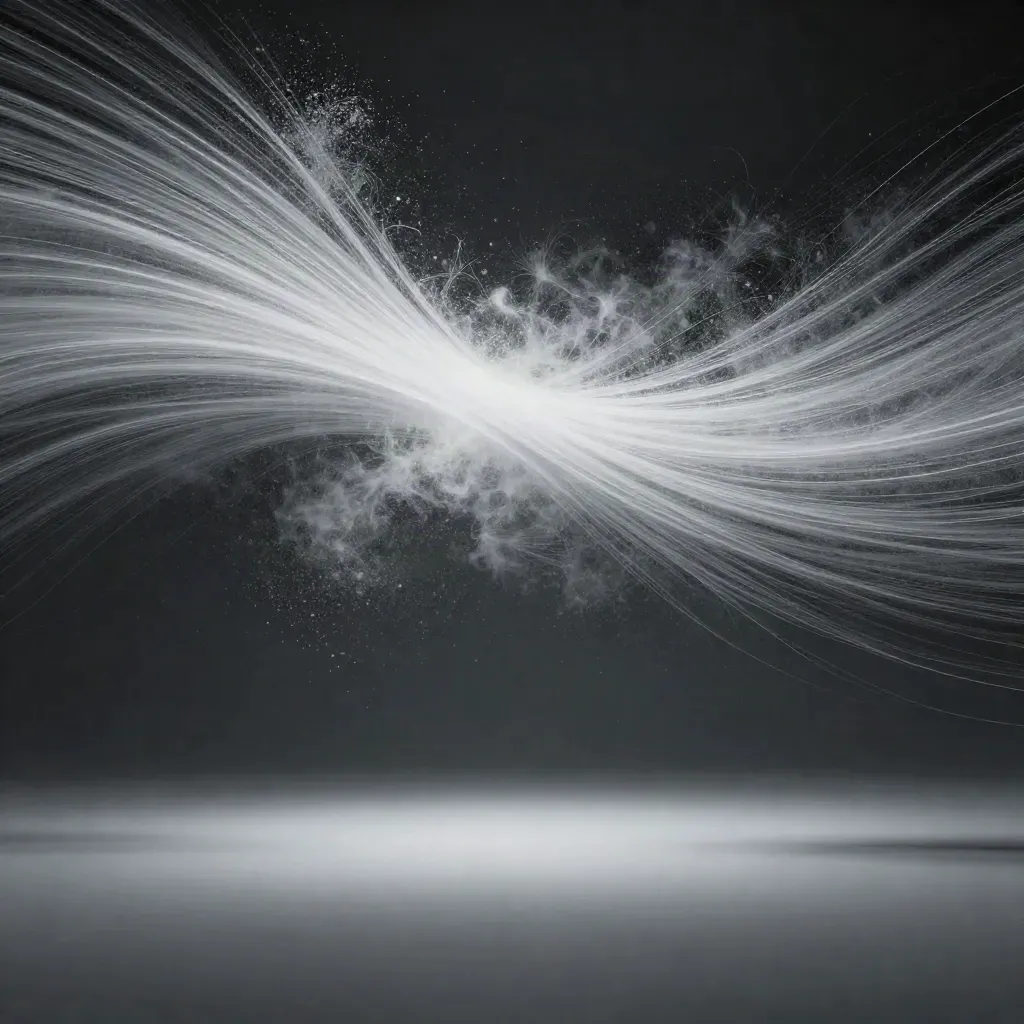 Silver filaments converge into a soft white bloom in dark graphite space, with calm copy space below.