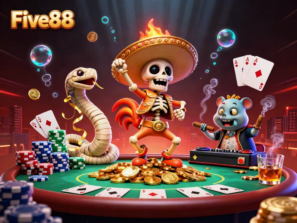 Experience excitement with Five88 in this vibrant 3D casino scene featuring dynamic characters and gaming elements.