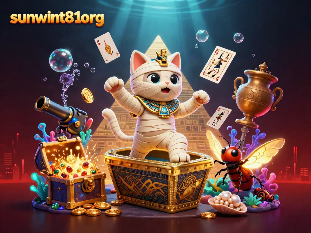 Experience winnings at sunwint81org with an Egyptian mummy cat and vibrant casino elements.