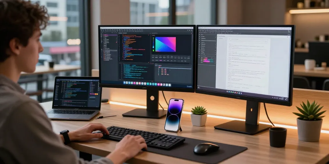 Tech enthusiast using iPhone 17 on a modern workspace with vibrant app development.
