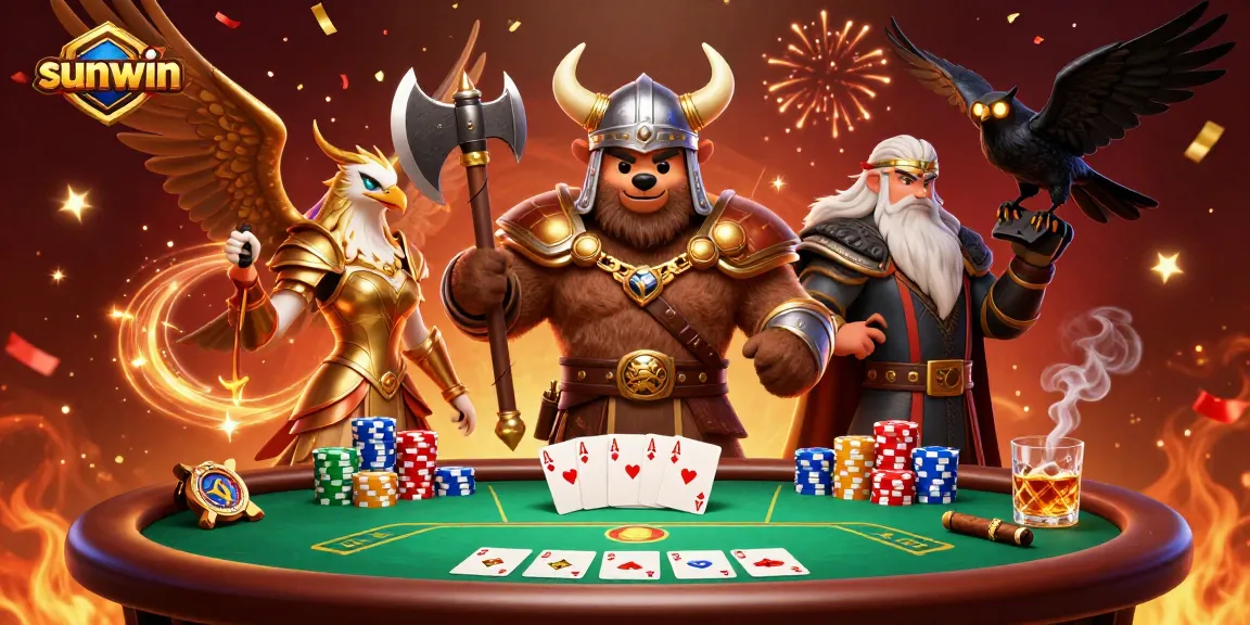 Bet on sunwin with our Viking bear, Valkyrie eagle, and poker action in 3D illustration.
