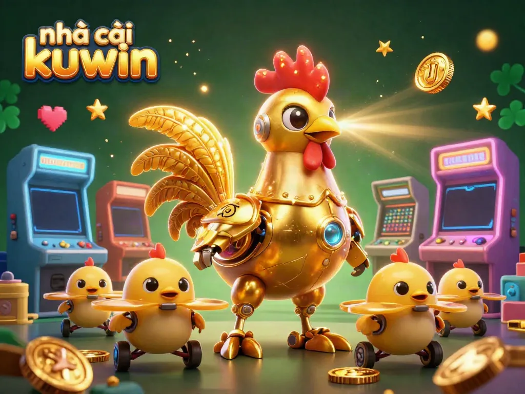 Engage with the dynamic scene of nhà cái kuwin featuring a golden rooster robot and neon arcade elements.