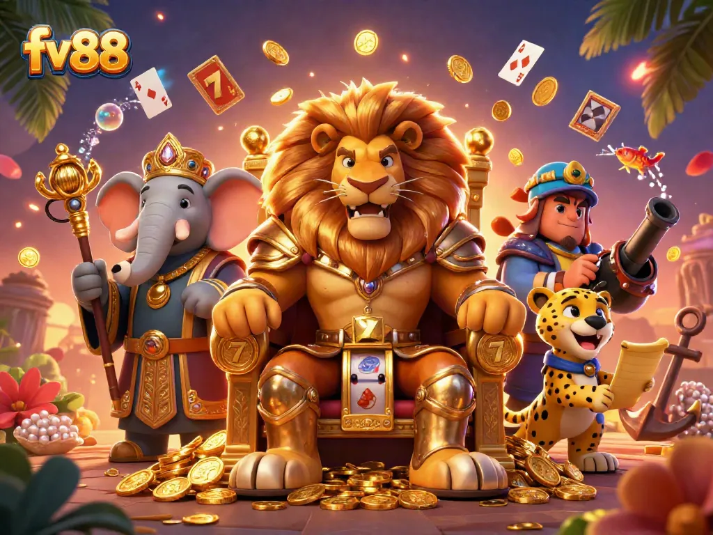 Experience the excitement of fv 88 with a 3D scene of a regal lion king amidst vibrant casino elements.