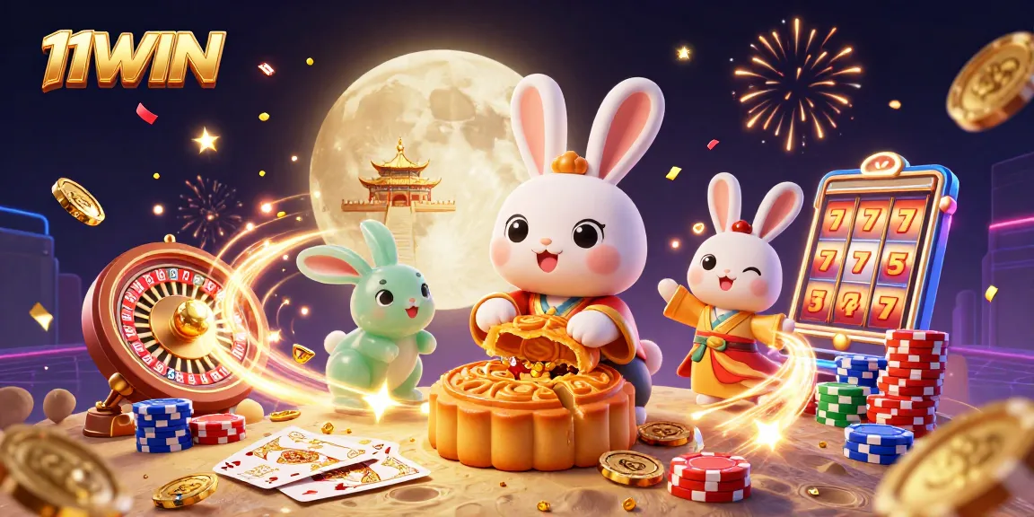Join the 11WIN experience with a vibrant scene of animated moon characters celebrating with casino elements.