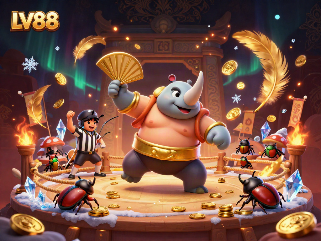 Experience the thrill of LV88 with a dynamic beetle sumo wrestling against the backdrop of an exciting casino.