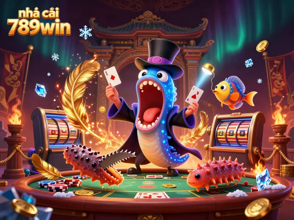 Engaging scene with nhà cái 789win characters performing magic tricks in a vibrant casino atmosphere.