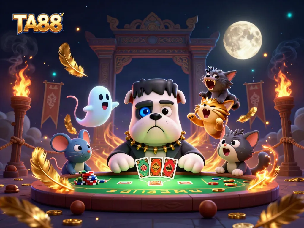 Engage with TA88 while a Frankenstein bulldog deals cards at a spooky casino.
