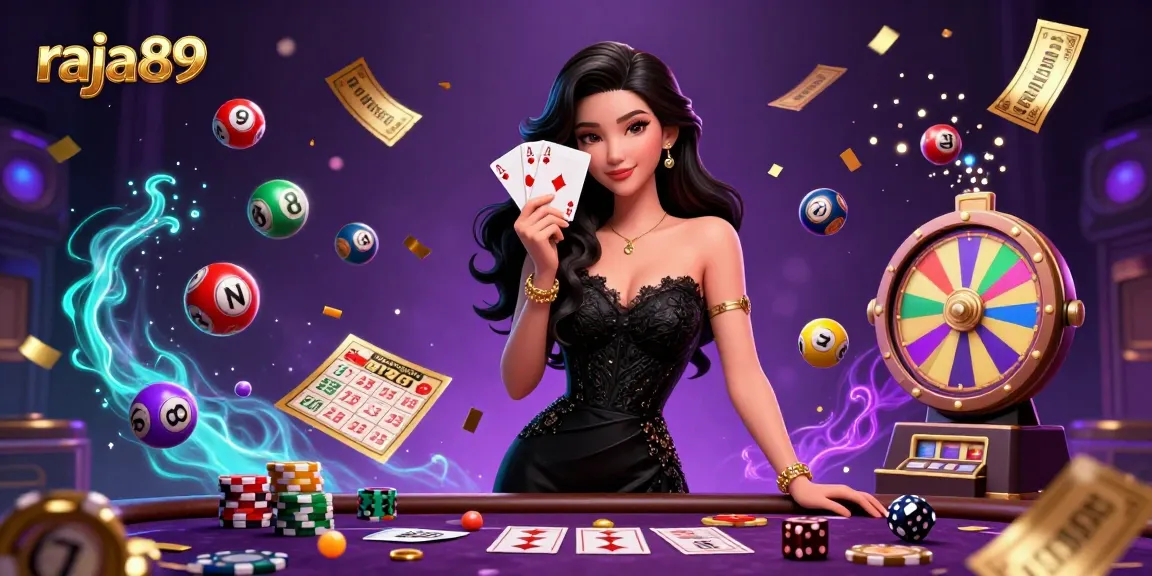 Experience exciting gameplay with raja89, showcasing an elegant woman with ace cards in a lively casino scene.