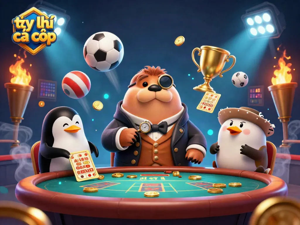 Engage in tỷ lệ cá cược action with a jolly walrus, sophisticated penguin dealer, and a bluffing pufferfish in an underwater casino scene.