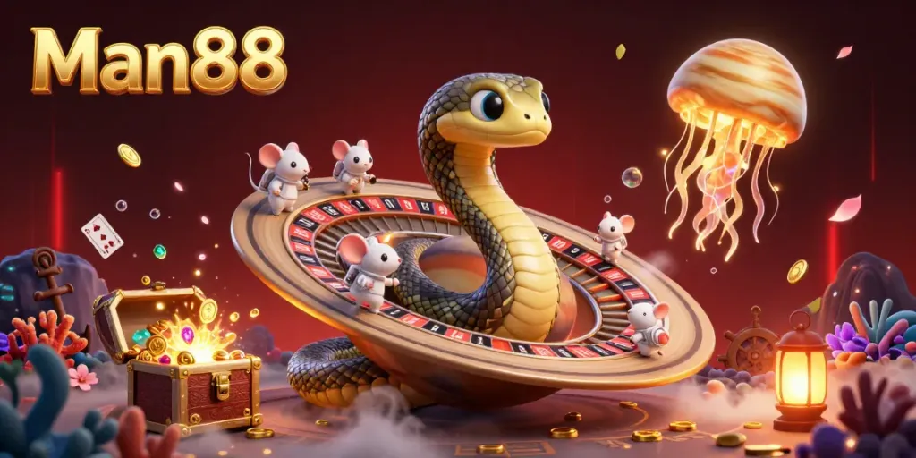 Experience the vibrant cosmic gaming adventure of Man88 with astronauts betting on a roulette snake.