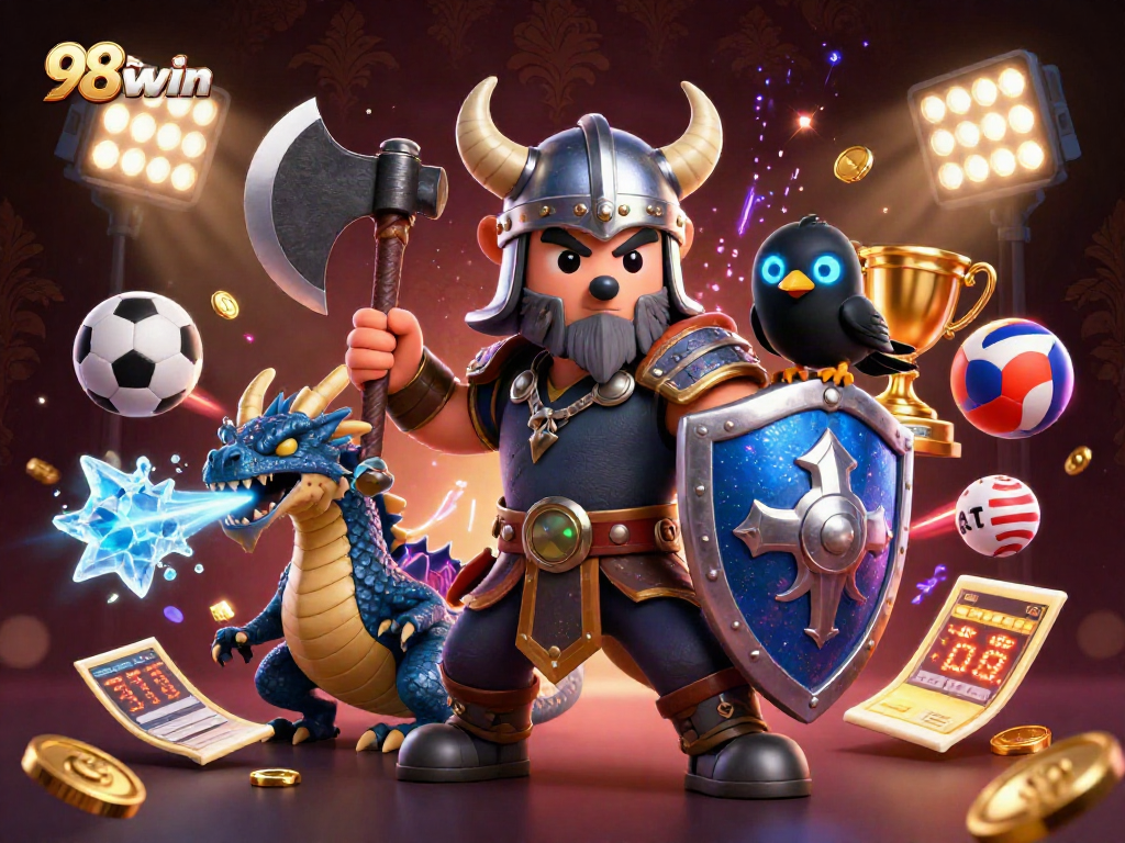 Bet on thrilling games at 98win featuring dynamic Viking warrior and dragon in action.