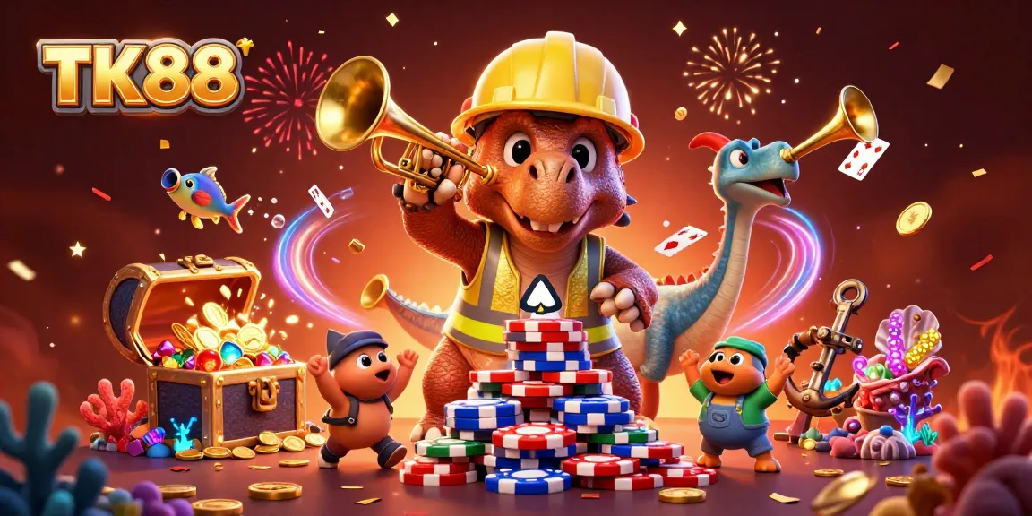 Unveiling TK88's casino excitement as a triceratops builds poker chips amidst celebrations with vibrant game elements.