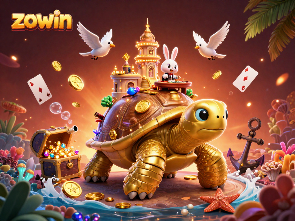 Join the fun at Zowin's vibrant online casino with golden tortoise and rabbit dealer.