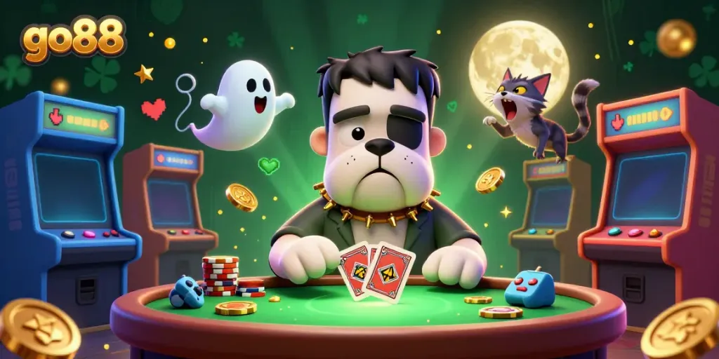 Experience the thrill of go88 with a whimsical casino scene featuring a monster dealer and enchanting characters.