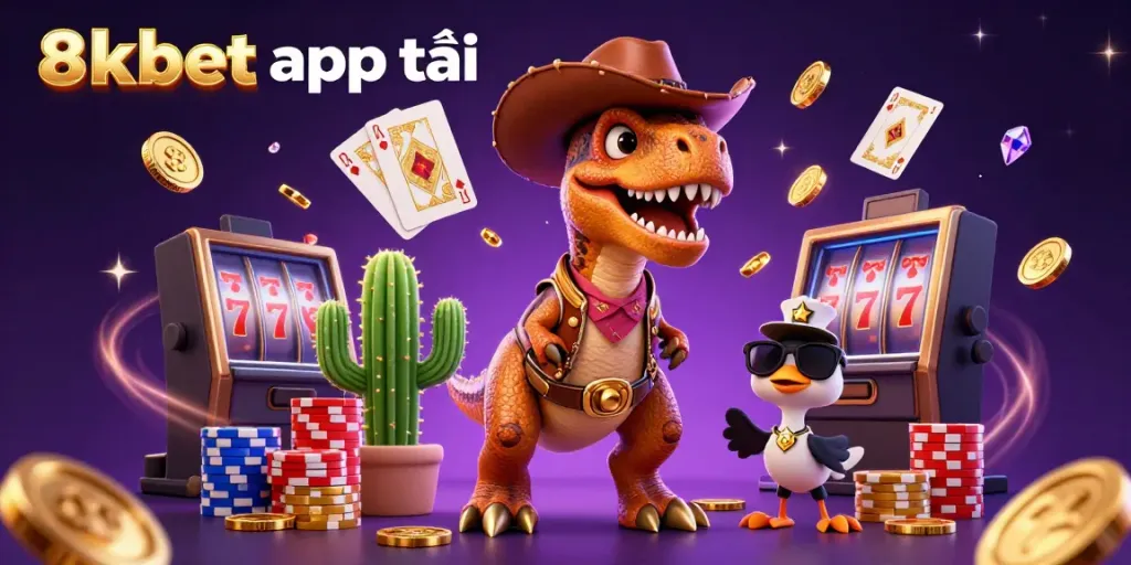 Play casino with 8xbet app tải showcasing a T-Rex cowboy in a vibrant gambling scene.