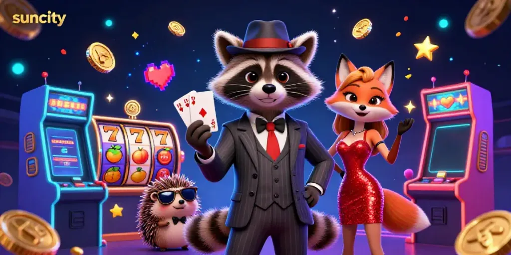 Play casino games at suncity with charming characters surrounded by exciting slot machines and vibrant elements.
