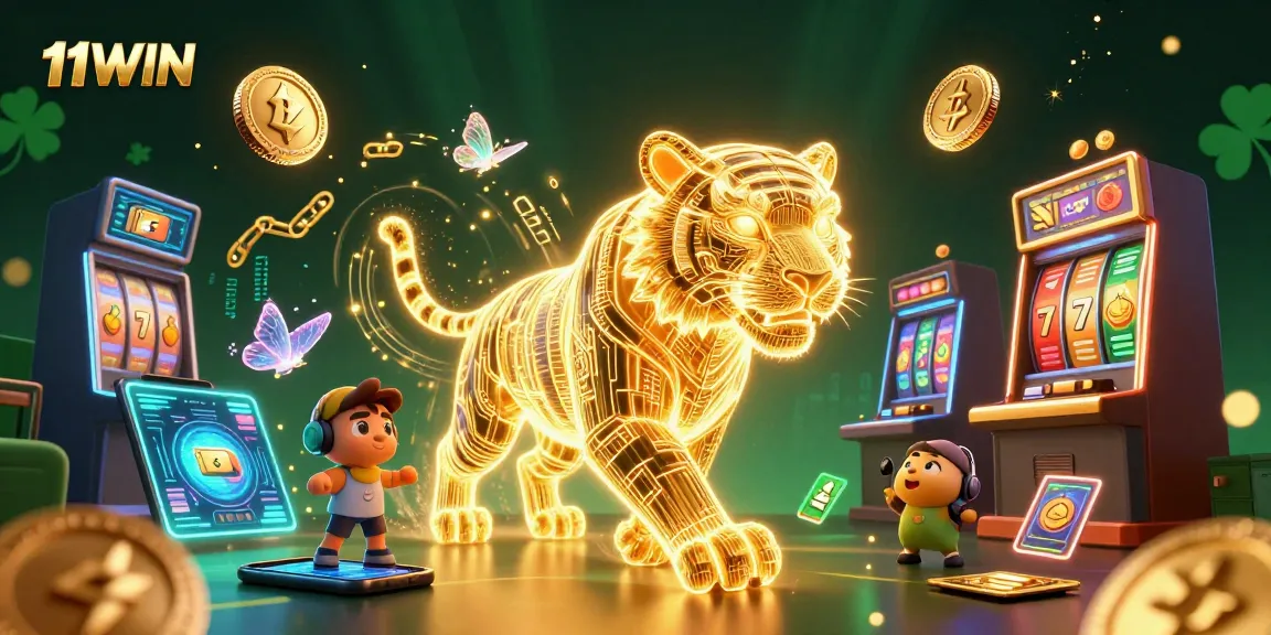 Experience 11WIN with dynamic neon wireframe characters and exciting casino elements in a captivating illustration.