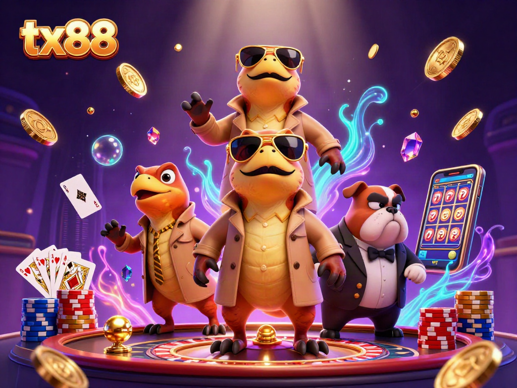 Experience tx88 with raptors in a trench coat amusingly entering a casino lounge amid vibrant gambling elements.