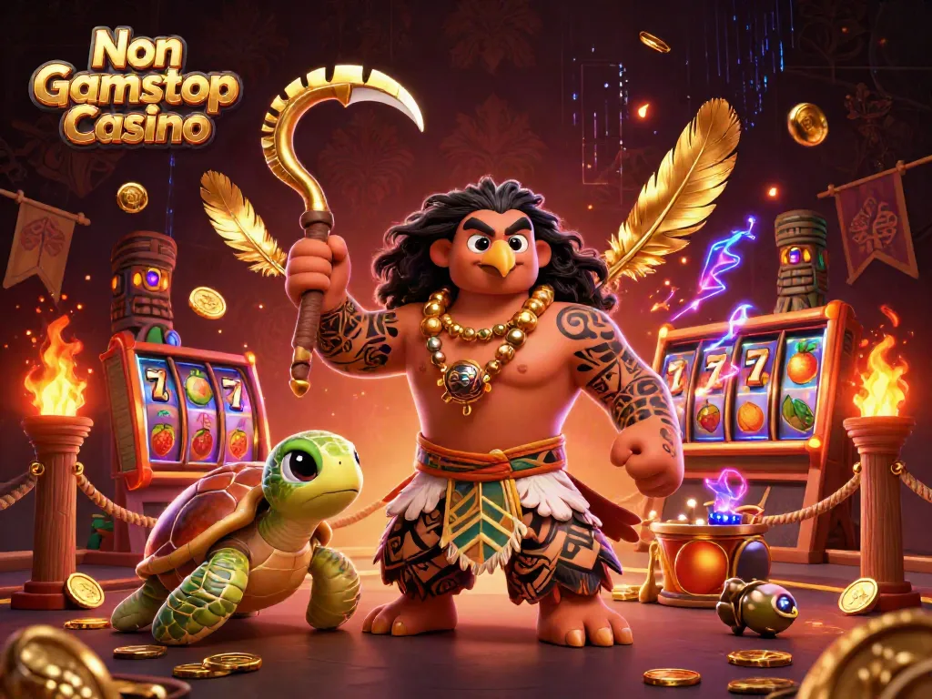 Explore the vibrant scene of a Non Gamstop Casino with a demigod hawk and turtle, surrounded by thrilling game elements.
