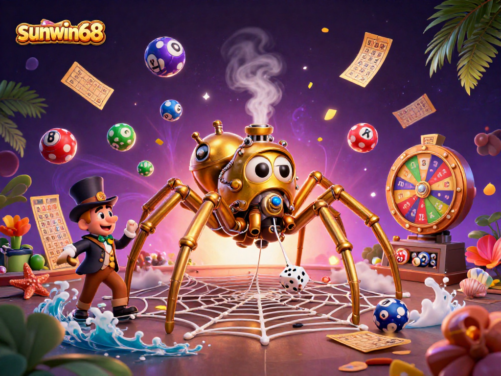 Experience vibrant gameplay with sunwin68's steampunk spider as it captures lucky dice amidst dynamic lottery elements.