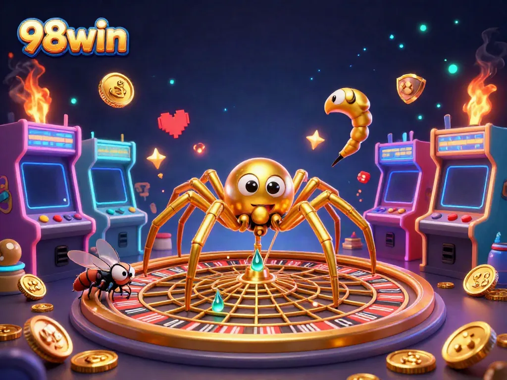 Immerse in the thrilling world of 98win as a golden spider spins a roulette wheel web while a fly bets in this vibrant casino scene.