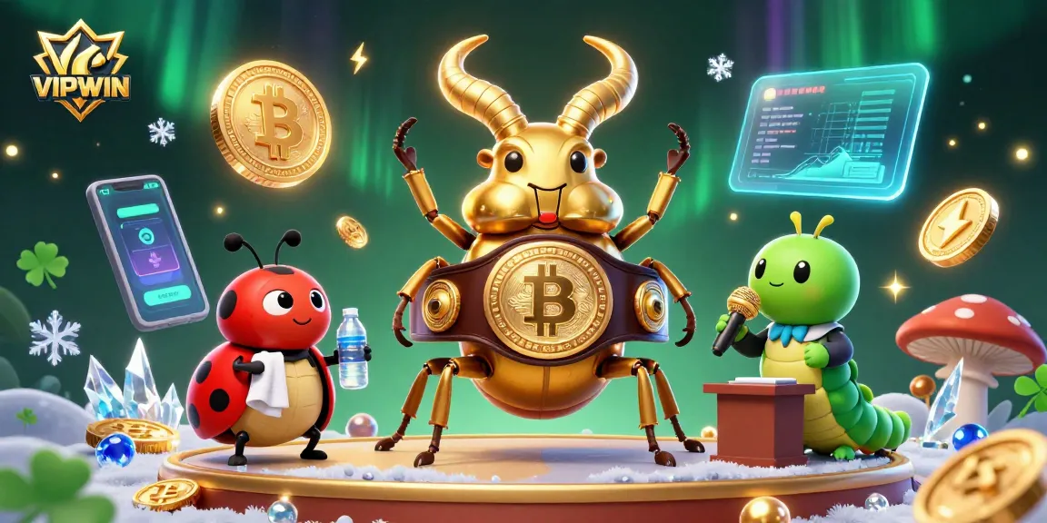Engage in action at VIPWIN with dynamic crypto elements and playful characters in a vibrant casino illustration.
