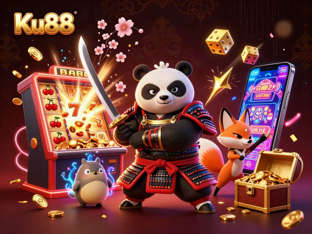 Engage in exciting gameplay at Ku88 with a dynamic scene showcasing a samurai panda and ninja fox amid slot machines and casino treasures.