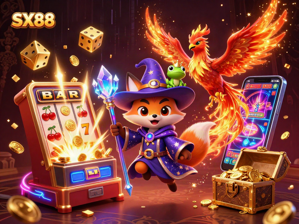 SX88 casino adventure featuring a wizard fox, phoenix, and magical elements in a vibrant slot scene.