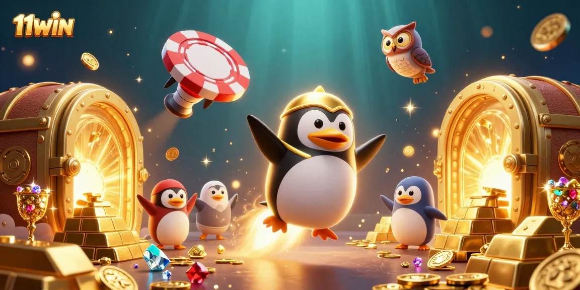 Join the 11WIN casino adventure with a vibrant rocket-powered penguin soaring through a treasure-filled galaxy.