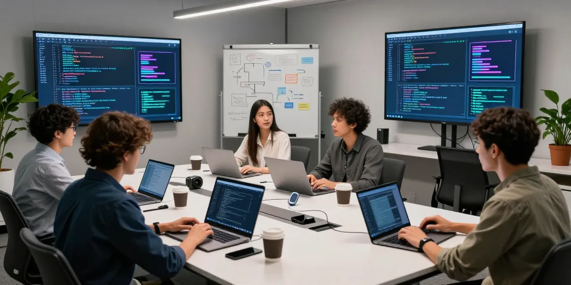 Team of developers collaborating on juicy ai projects, showcasing a modern tech workspace.