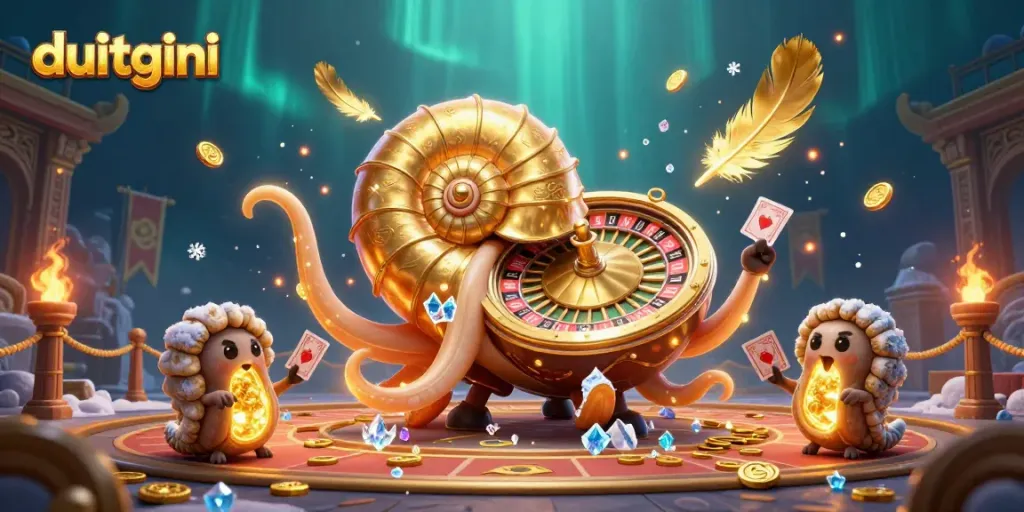 Engage with duitgini's thrilling loan application process depicted through a fantastical 3D scene with a nautilus roulette wheel.