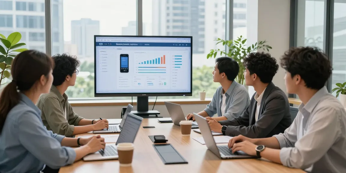 Engaged team discussing business phone systems strategies in a modern office environment.